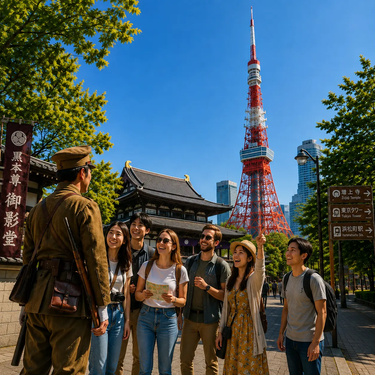 A Tokyo Xplorers guide talking with travellers on a Tokyo street